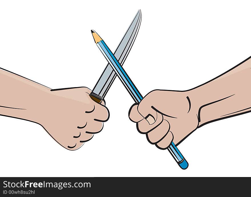 Pencil against to the knife. Pencil against to the knife