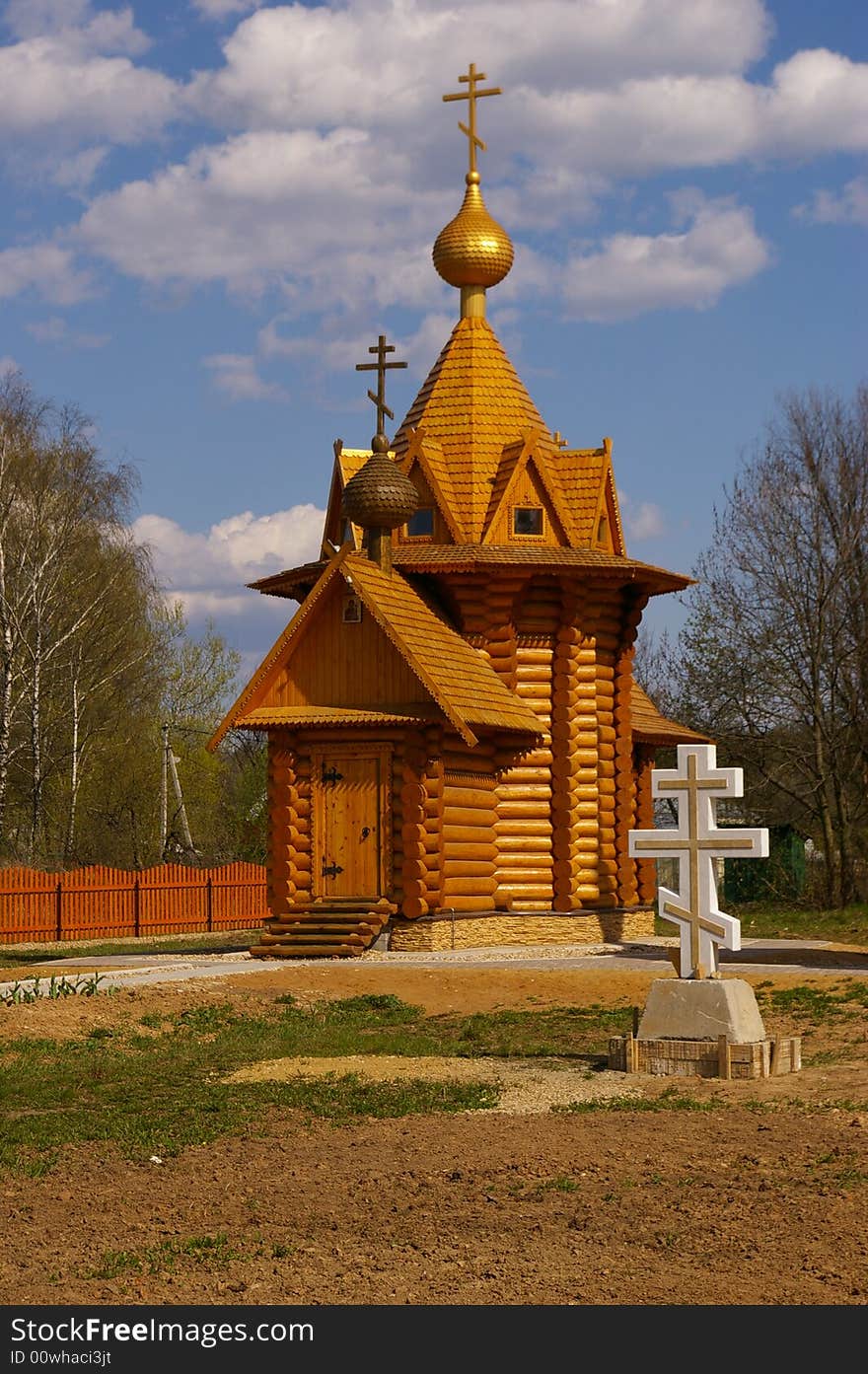 Recently built wooden church in the suburb of Moscow