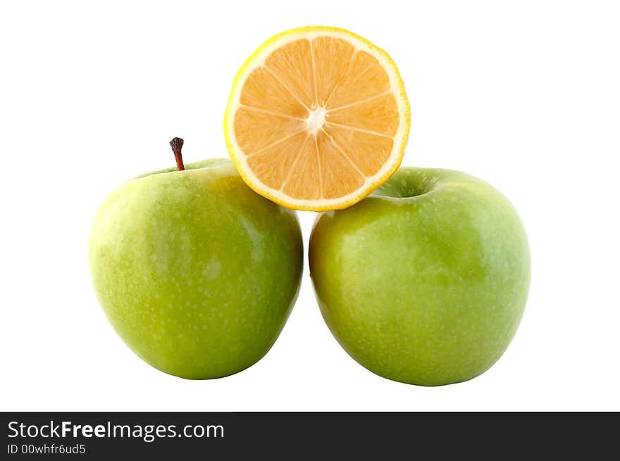 Green apple and acid-yellow lemon on isolated background. Green apple and acid-yellow lemon on isolated background.