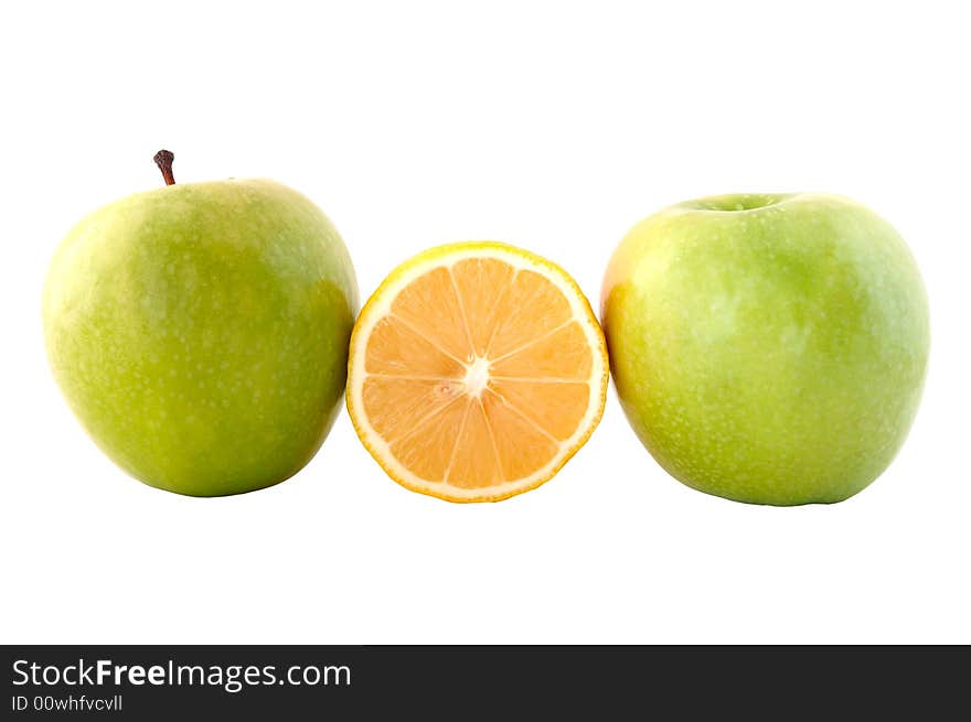 Green apple and acid-yellow lemon on isolated background. Green apple and acid-yellow lemon on isolated background.