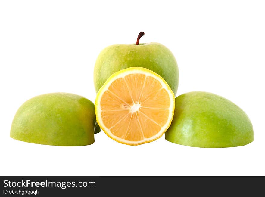 Green apple and acid-yellow lemon on isolated background. Green apple and acid-yellow lemon on isolated background.