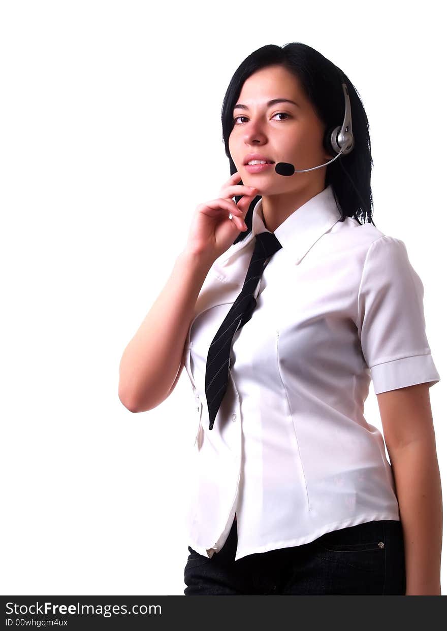 A portrait about a young pretty customer service representative lady with black hair who is smiling, she has a headphone, and she is wearing a white shirt and a black tie