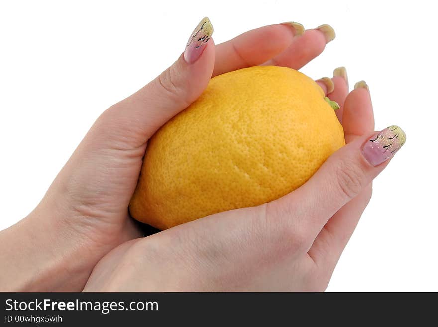 Lemon and woman hands on a white background. Lemon and woman hands on a white background