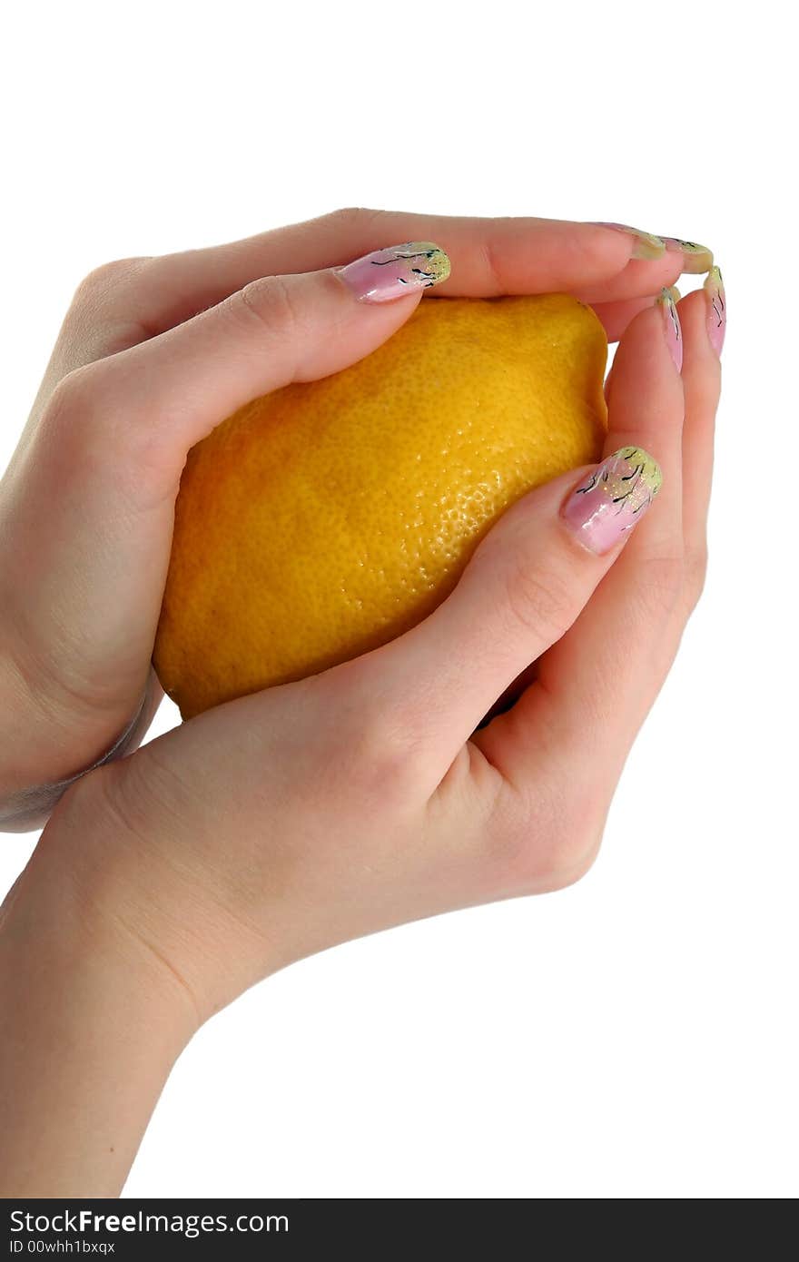 Lemon and woman hands on a white background. Lemon and woman hands on a white background