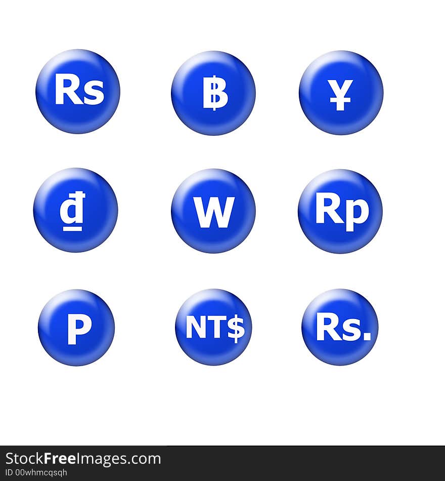 Blue glassy icons of Asia's major currencies. Blue glassy icons of Asia's major currencies