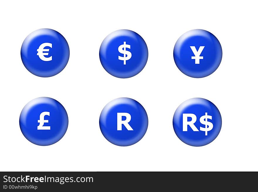 Blue icons of the major currencies of the world