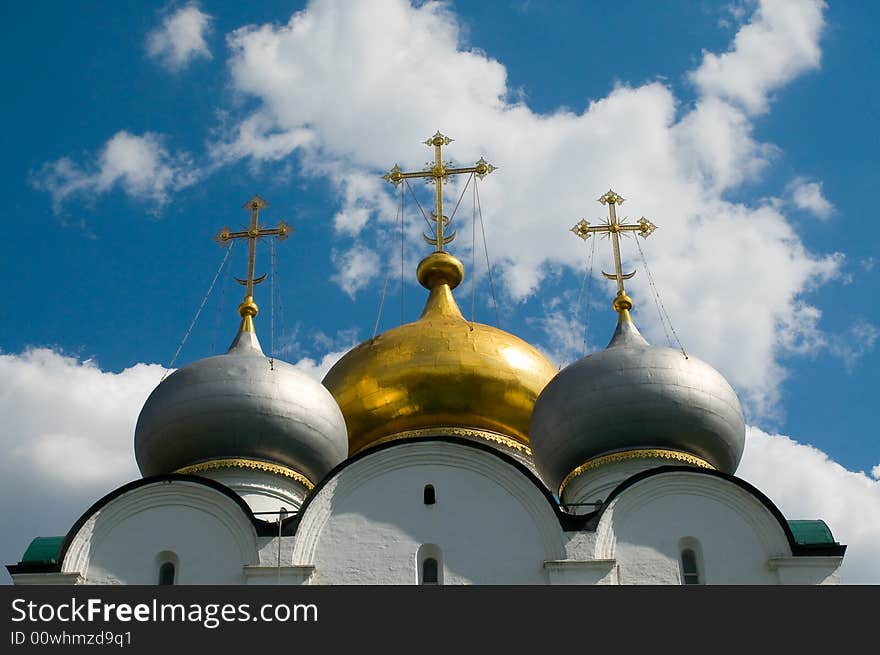 Three church domes, Novodevichy monastery, Moscow, Russia