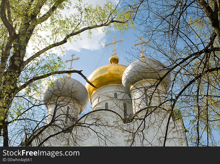 Three church domes, Novodevichy monastery, Moscow, Russia