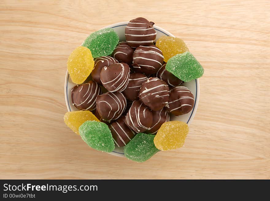 Chocolate And Fruit Candy On  Wooden Tray