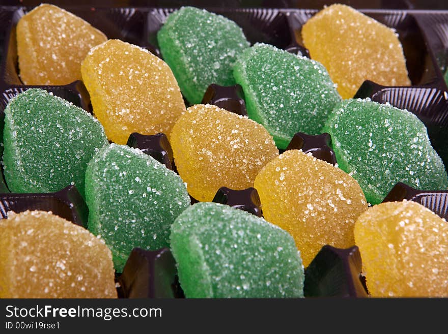 Colored fruit candy in box