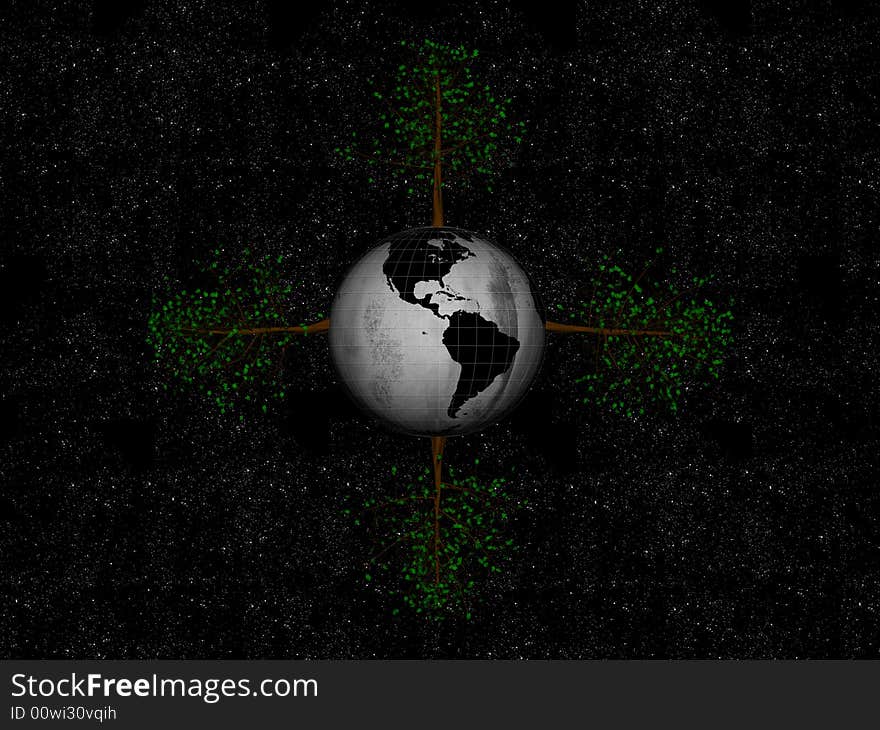 Render of planet earth globe, four trees and stars. Render of planet earth globe, four trees and stars