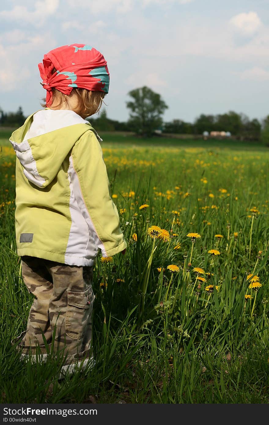 2 years old girl looking on the grass