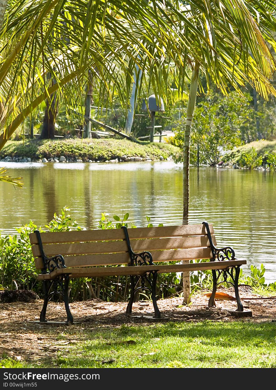 Empty bench by a lake on a summer day. Empty bench by a lake on a summer day.