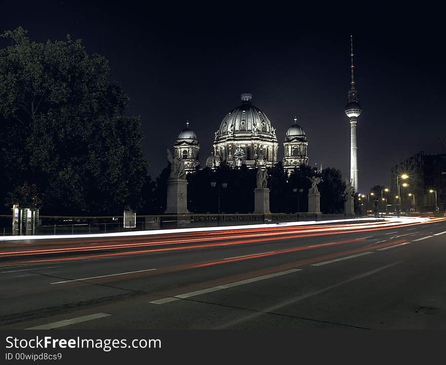 Urbane scene with berlins landmarks at night. Urbane scene with berlins landmarks at night