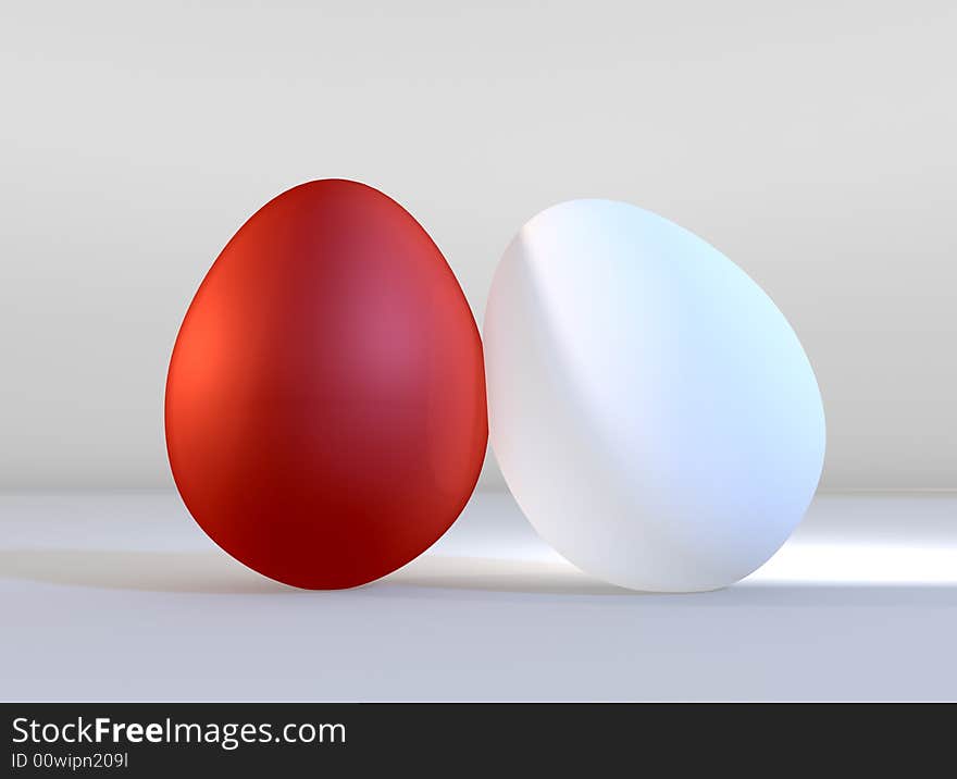 Illustration of a white egg leaning on a red one. Illustration of a white egg leaning on a red one