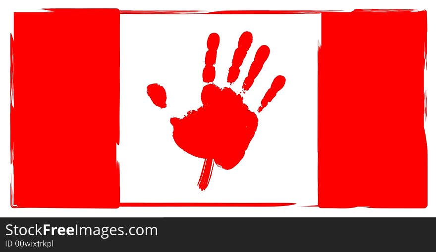 An abstract illustration of the Canadian Flag with the Maple Leaf replaced with a red handprint. An abstract illustration of the Canadian Flag with the Maple Leaf replaced with a red handprint