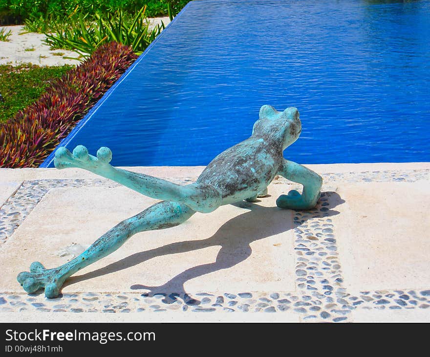 A humorous frog statue is ready to take a leap into an outdoor pool. A humorous frog statue is ready to take a leap into an outdoor pool.