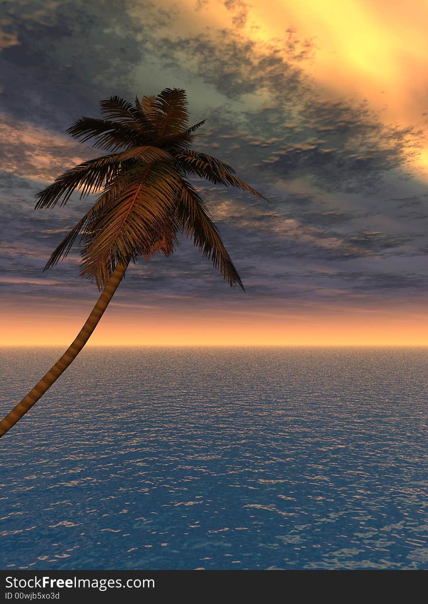 Sunset coconut palm tree on ocean coast - 3d illustration.