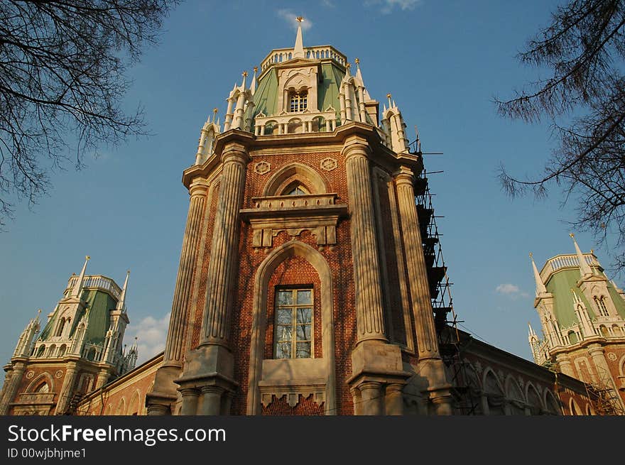 Fragment of the Grand Palace of Tsaritsyno during its reconstruction in 2006. Tsaritsyno is the former residence of Catherine the Great constructed between 1775 and 1796 by the famous Russian architects Vasiliy Bazhenov and Matvey Kazakov in the romantic gothic style.