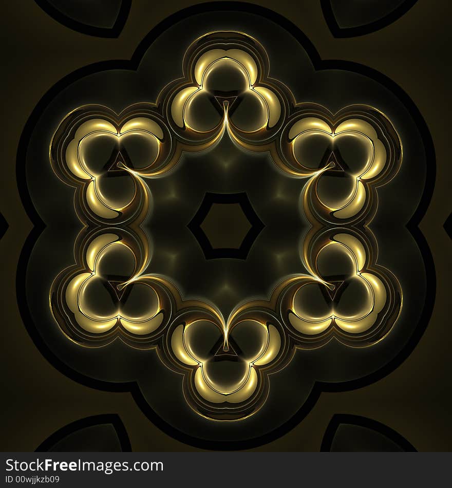 Abstract fractal image resembling a golden fleur de lis or club mandala. Abstract fractal image resembling a golden fleur de lis or club mandala