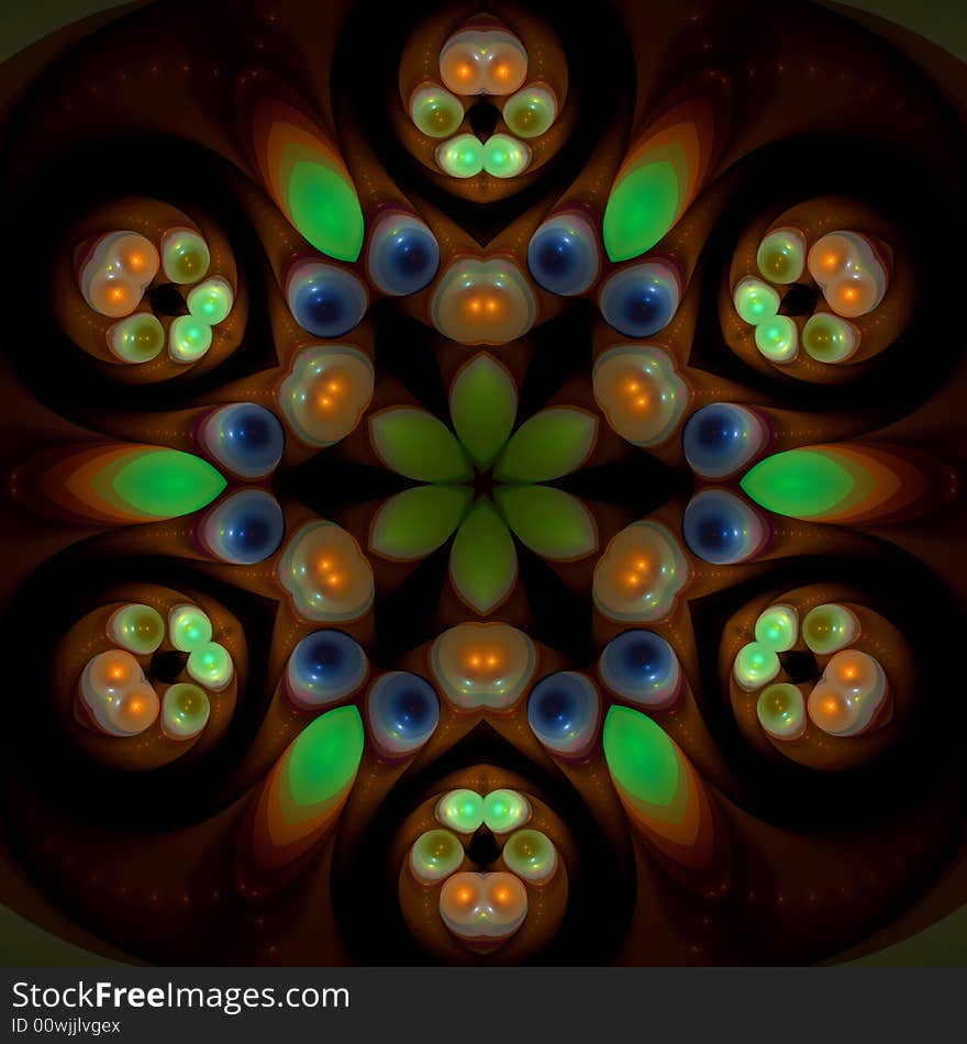 Abstract fractal image resembling a floral mandala with inner glowing lights