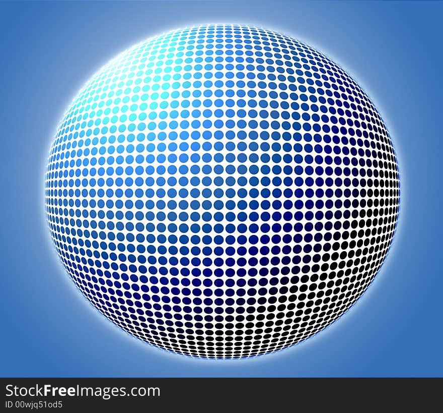 Illustration with blue background with a big sphere in the center full of small circles in different tones. Illustration with blue background with a big sphere in the center full of small circles in different tones