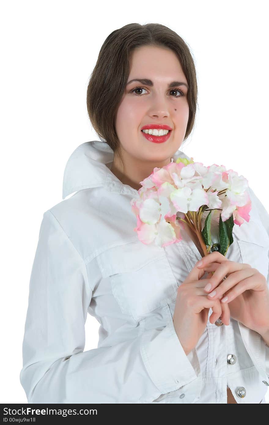 Girl with flower on white background