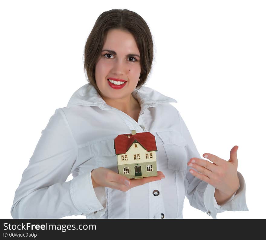 Business woman advertises real estate on white background