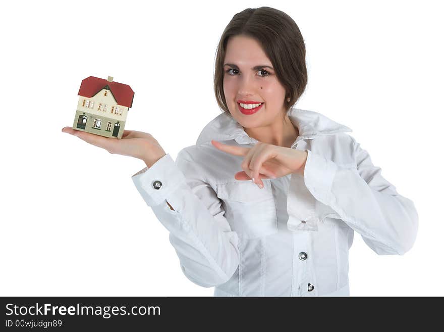 Business woman advertises real estate on white background