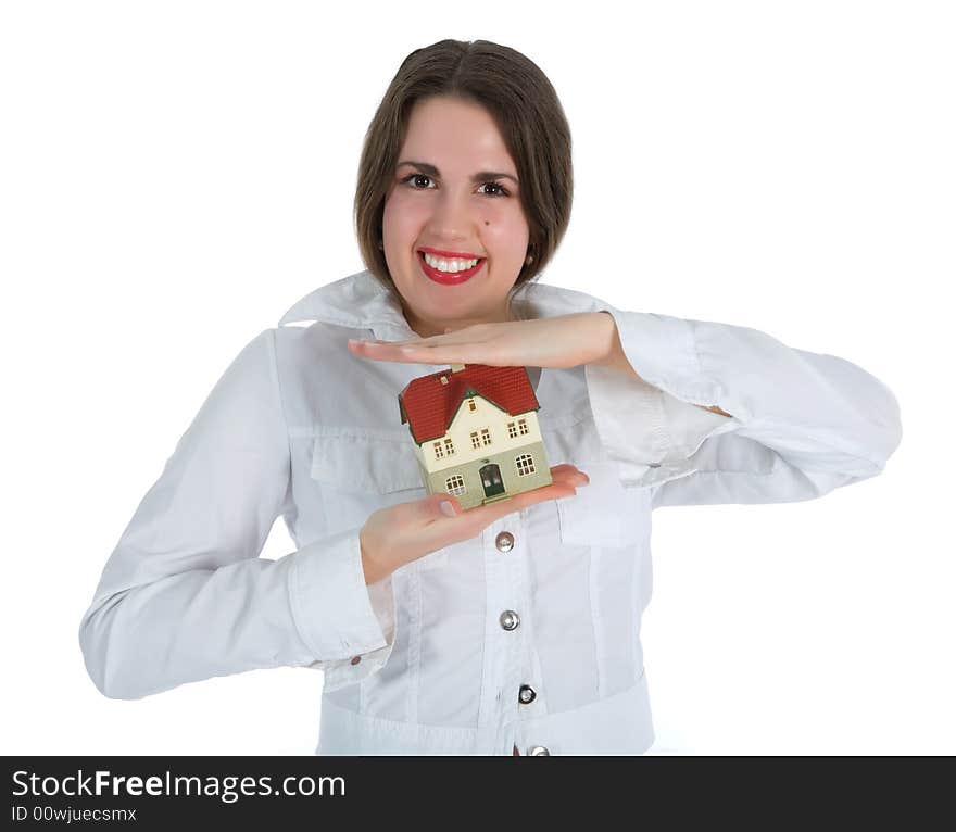 Business woman advertises real estate on white background