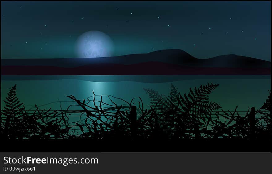 Styleish nature backgrounds with night sky and hills and water