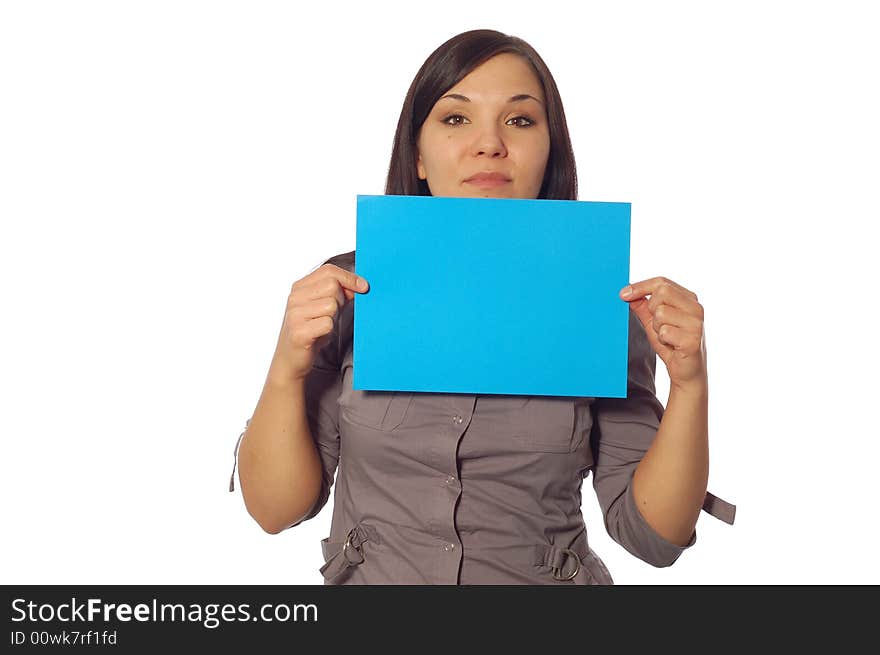 Attractive brunette woman holding banner on white background. Attractive brunette woman holding banner on white background