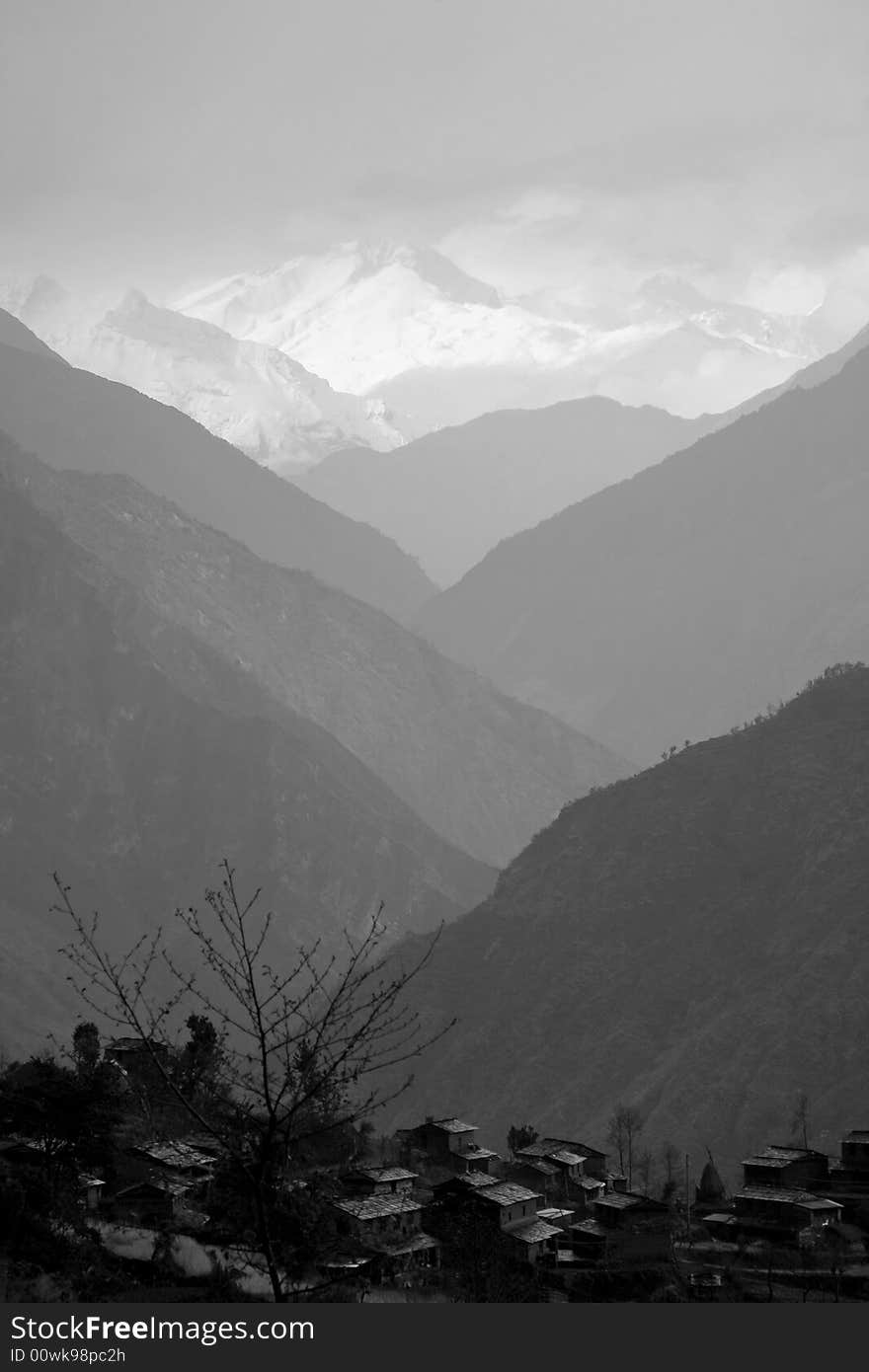 Mountain valley silhouette, himalayas