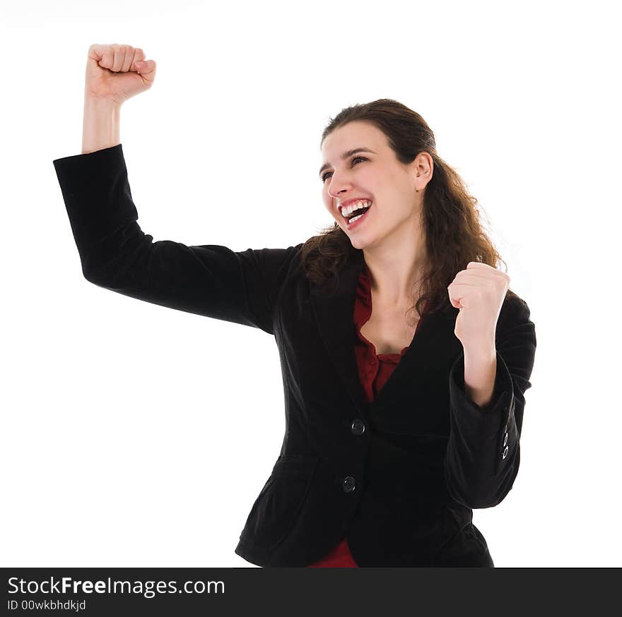 Happy dancing business woman on a white background. Happy dancing business woman on a white background