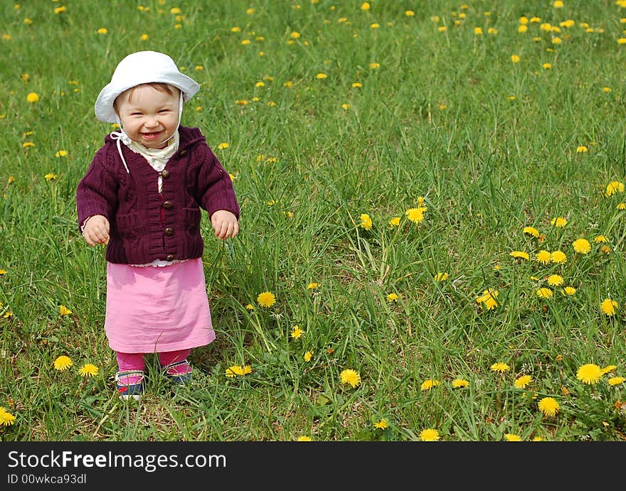 Baby girl on green meadow. Baby girl on green meadow