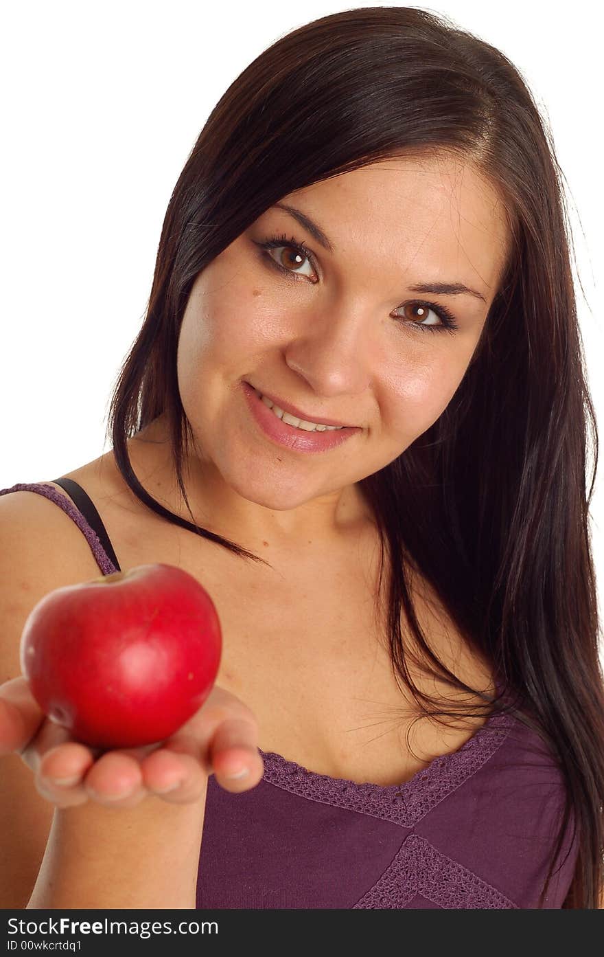 Attractive brunette woman with apple on white background. Attractive brunette woman with apple on white background