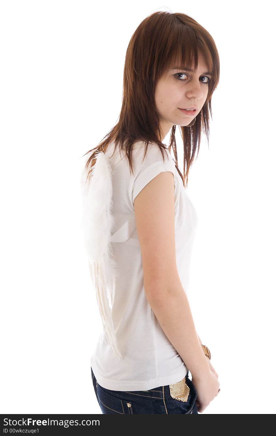 The young beautiful angel isolated on a white background