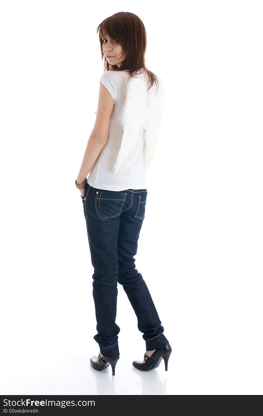 The young beautiful angel isolated on a white background