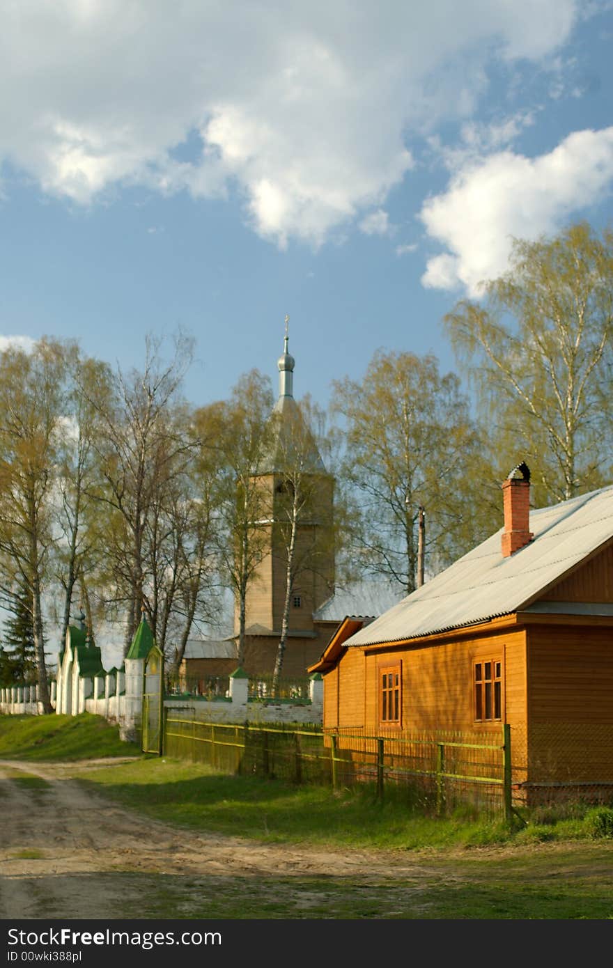 Russian small village church; spring, sunny weather