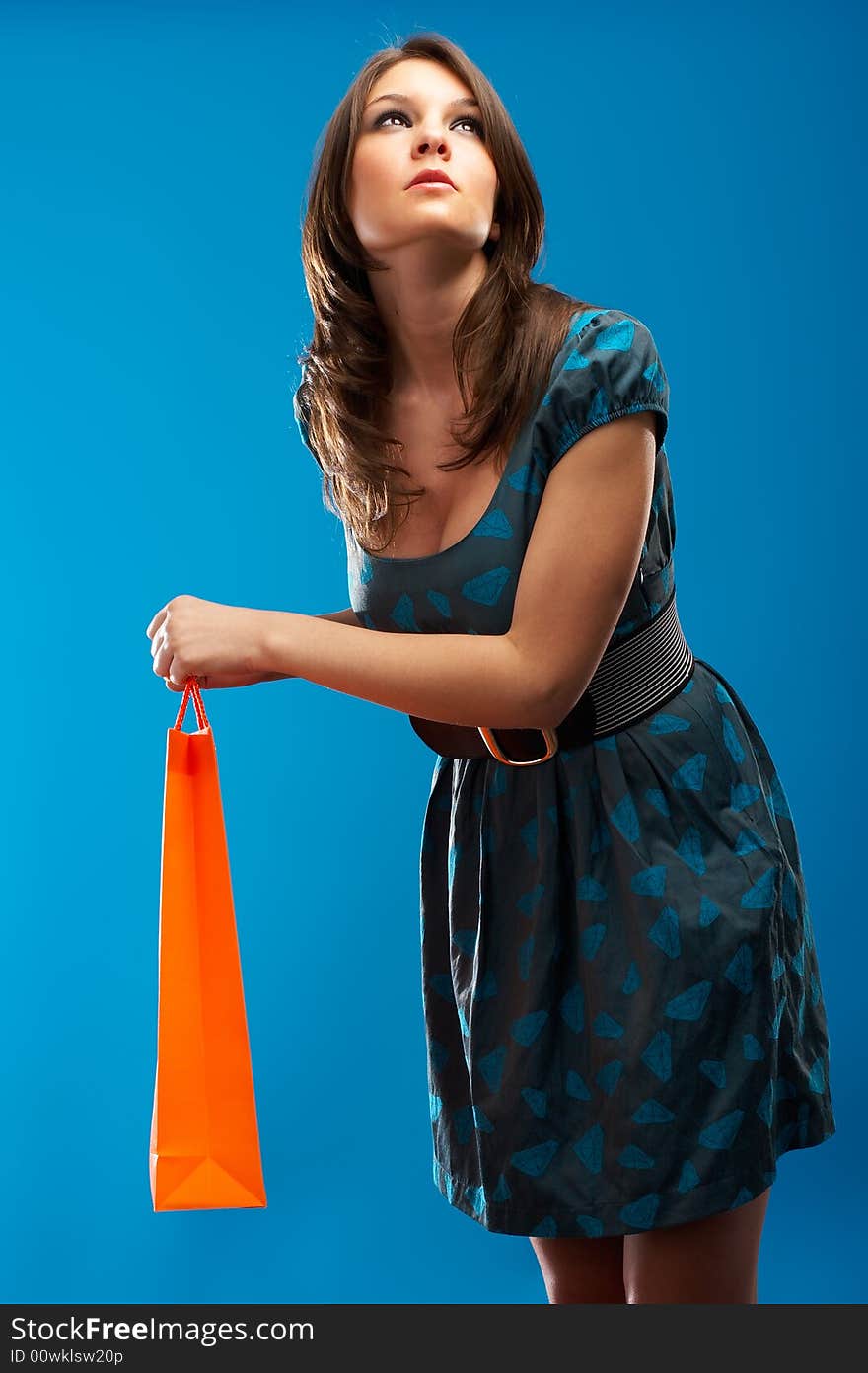 Beautiful Fashion Model with shopping bag over blue background