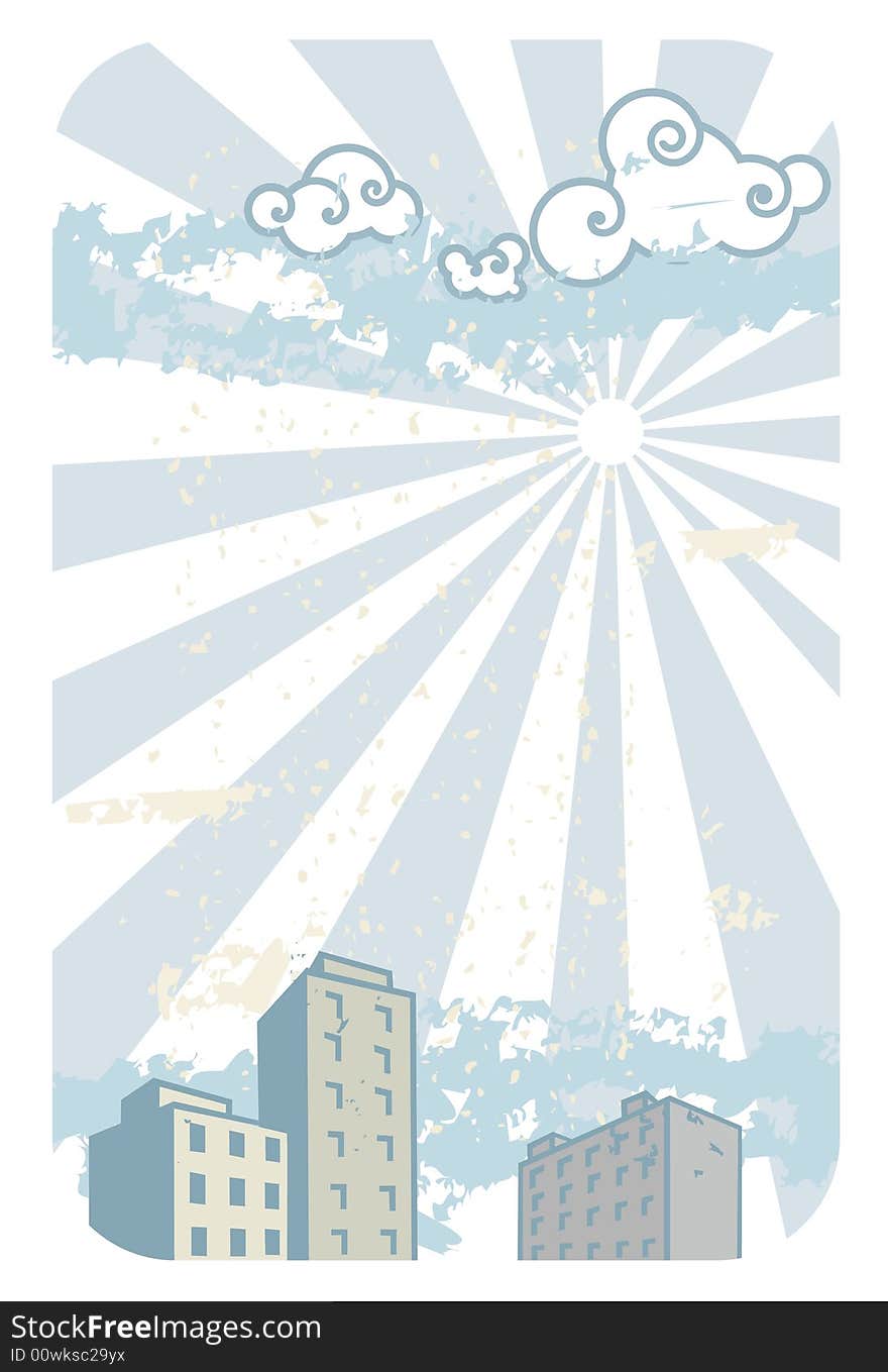 A group of buildings with clouds in the sunny sky with space for text. A group of buildings with clouds in the sunny sky with space for text.