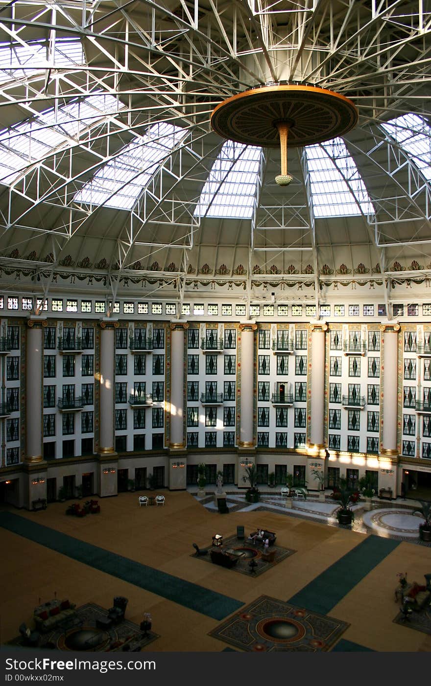 Free-spanning dome covers an atrium in a grand hotel in America. Free-spanning dome covers an atrium in a grand hotel in America