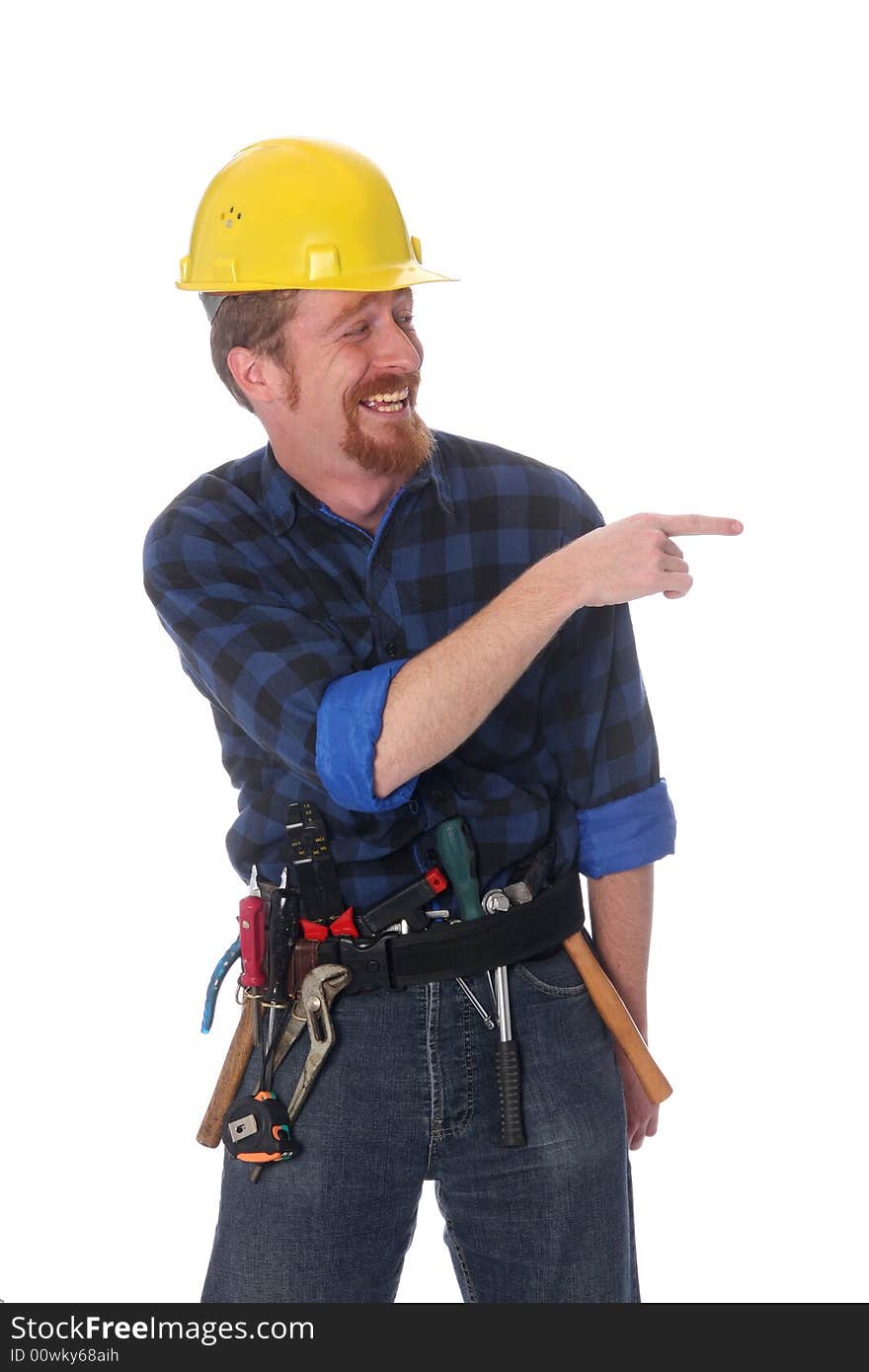 An construction worker tittering on white background