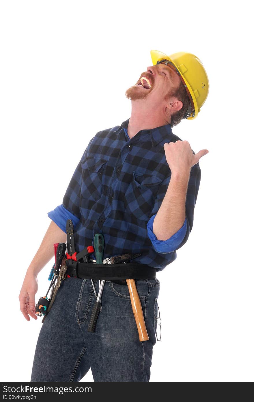 An construction worker tittering on white background