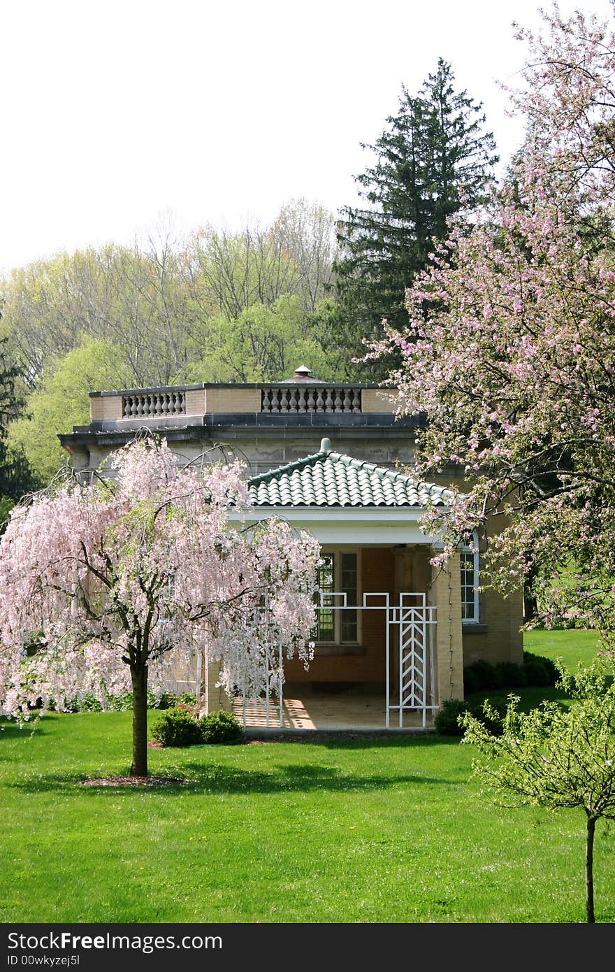 A view overlooking the expansive formal gardens of a historic resort and hotel in Southern Indiana. A view overlooking the expansive formal gardens of a historic resort and hotel in Southern Indiana.