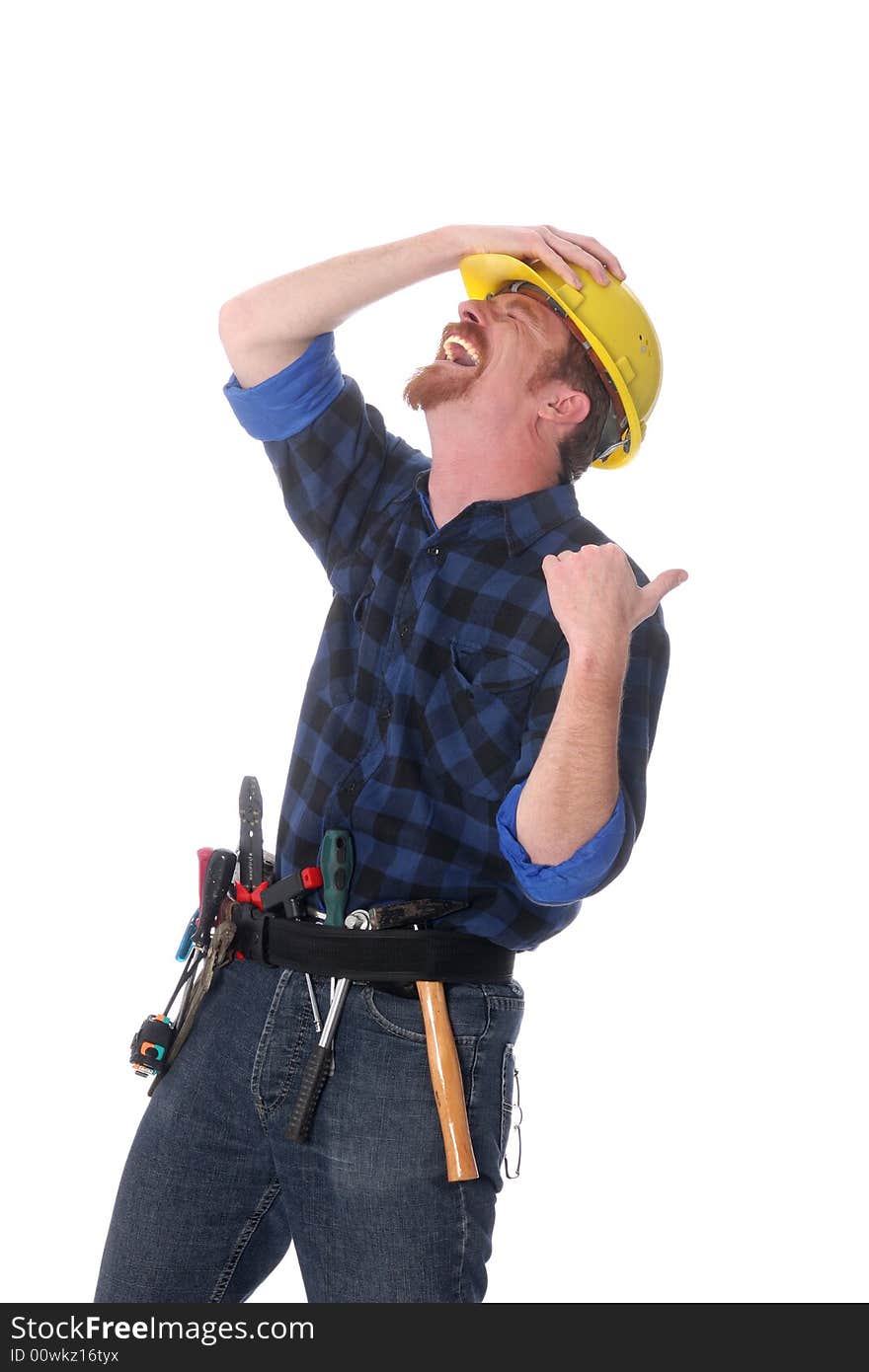 An construction worker tittering on white background