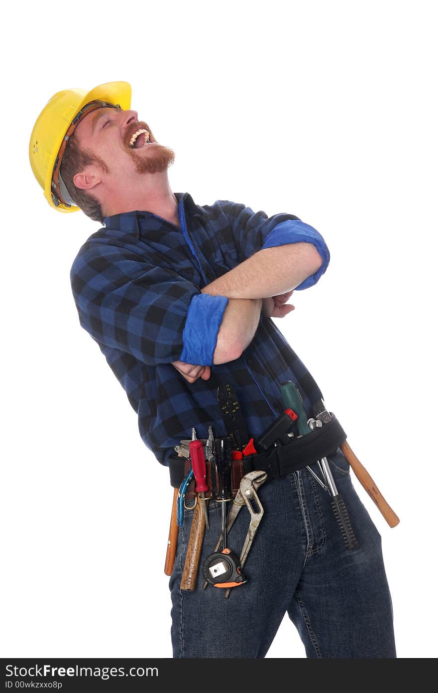 An construction worker tittering on white background