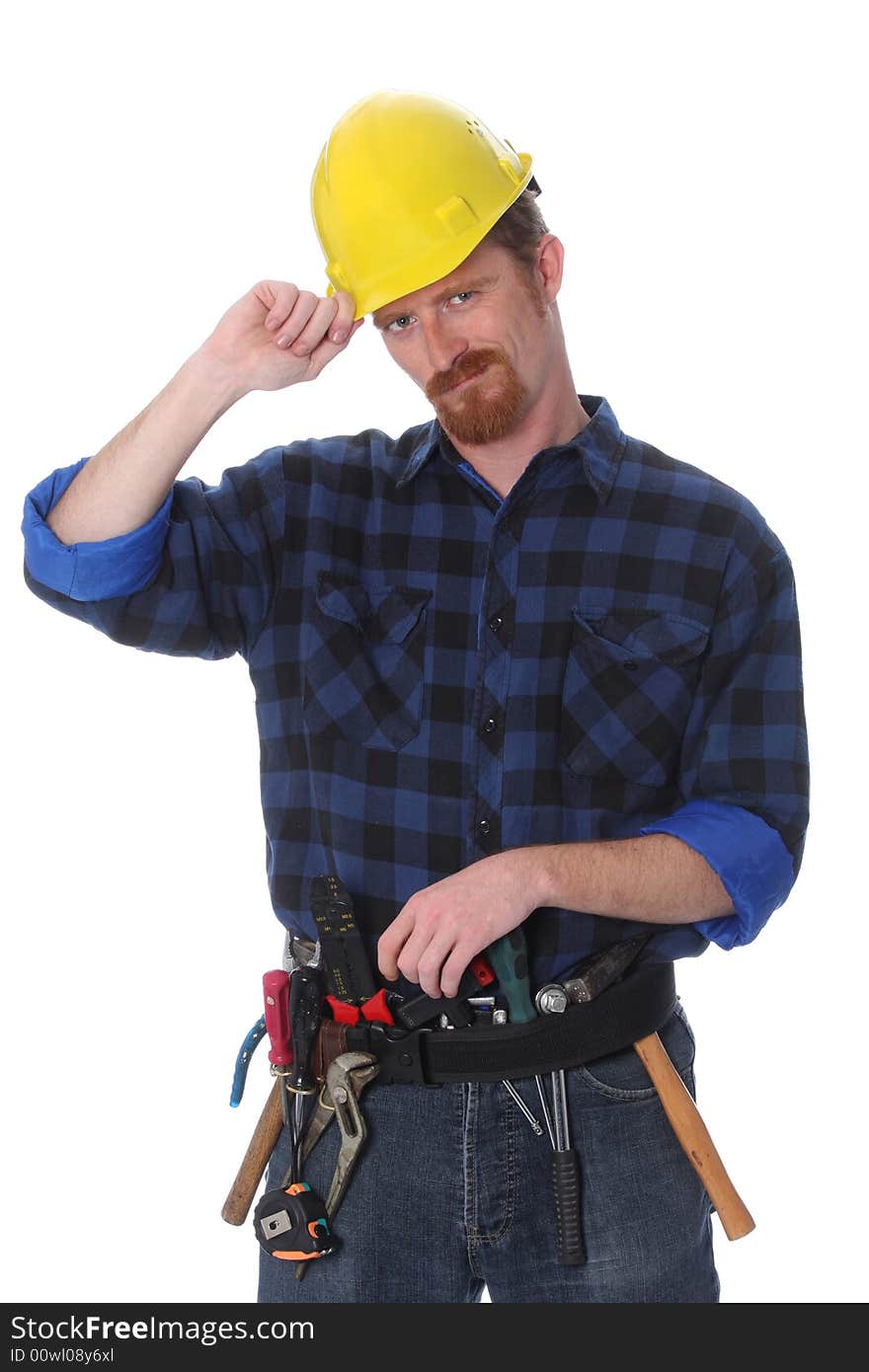 Construction worker with helmet on white background