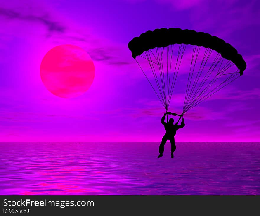 Parachutist in silhouette against a colorful sunset