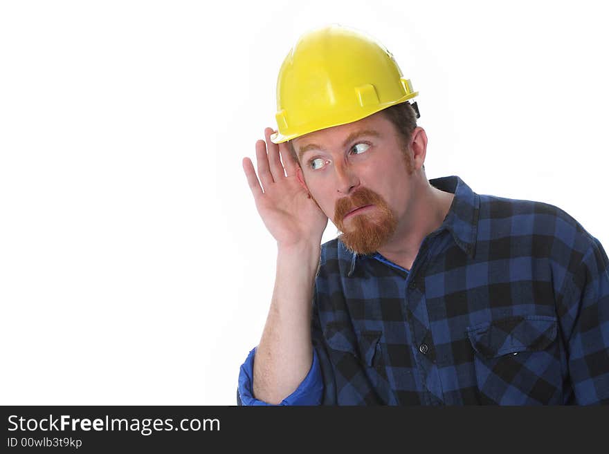 Construction worker with hand on ear on white background